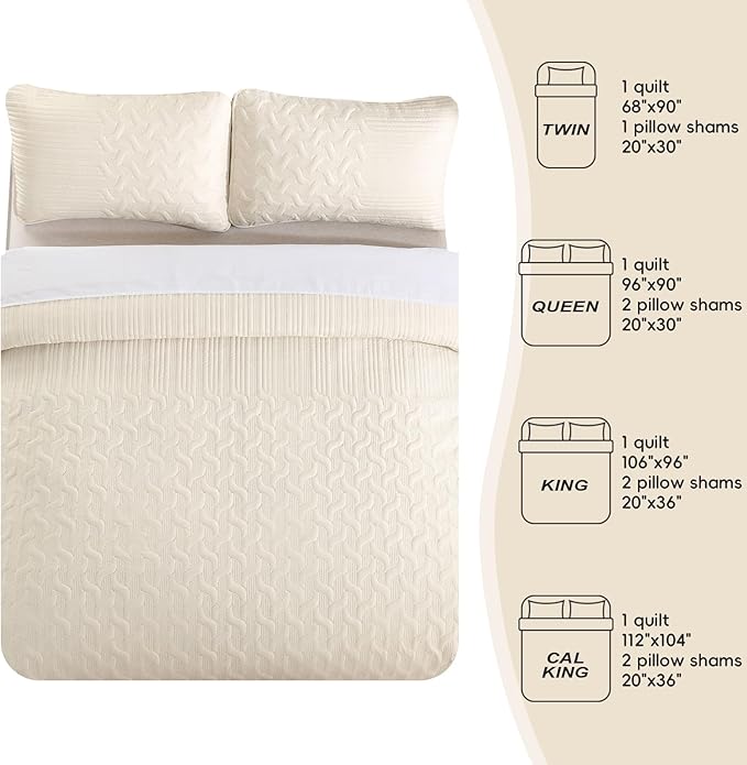 Yiran California King Size Beige Quilt Set Lightweight Oversized Bedspread Ultrasonic Wave Pattern Soft Microfiber Summer Coverlet Modern Style 3 Piece with 2 Pillow Shams (112x104 inch)
