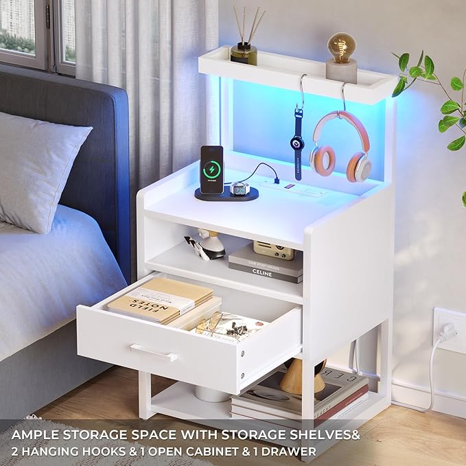 VIAGDO Nightstand Set of 2 with Charging Station and LED Lights, White Night Stand with Drawer, Modern End Side Table with Open Storage Shelves, Bedside Tables for Bedroom, Office