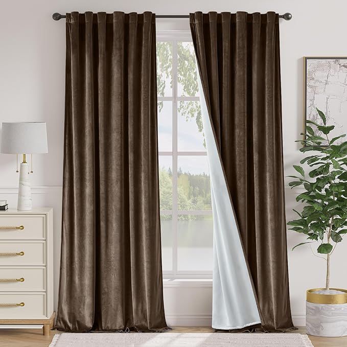 Lazzzy Dark Brown Velvet Curtains 108 Inches Long Blackout Thermal Insulated Blackout Lined Curtain Drapes Back Tab Window Treatments for Bedroom Living Room 2 Panels,52 x 108 Inch, Truffle