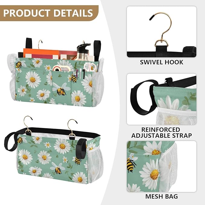 Bedside Caddy Hanging Bunk Bed Caddy Bed Organizer Hanging Pocket with 2 Hooks Bedside Storage Organizer Pocket Bag Holder Mint Green Daisy Flowers and Bees