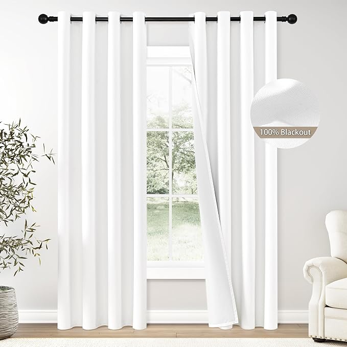 ChrisDowa 100% Blackout Pure White Solid Curtains 96 Inches Long 2 Panels for Bedroom Living Room,Farmhouse Room Darkening Thermal Insulated Soundproof Grommet Top Window Treatment Drapes,52x96