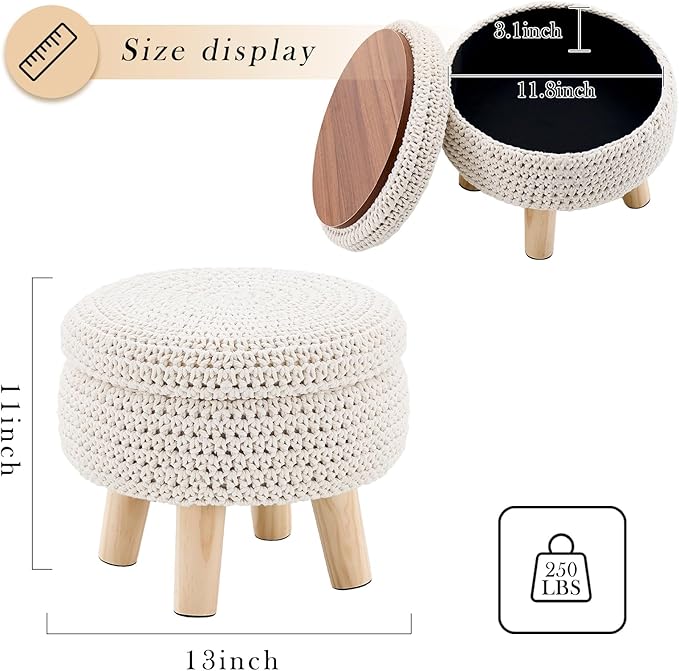 LGENHOOM Round Storage Ottoman Foot Rest Cotton Braided Foot Stool Pouf Ottoman with Solid Wood Legs Footstool with Storage Shoe Changing Stool for Living Room White