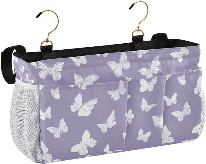 Bedside Caddy Hanging Bunk Bed Caddy Bed Organizer Hanging Pocket with 2 Hooks Bedside Storage Organizer Pocket Bag Holder White Butterfly Purple