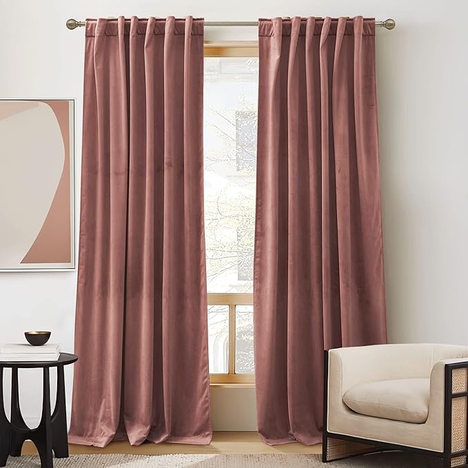 RYB Home Soft Velvet Curtain for Home Decoration, Wild Rose Room Darkening Window Curtains & Drapes Thermal Insluated Noise Reuding Vertical Shade for Sliding Door Home Office, W52 x L90 inch, 2 Pcs