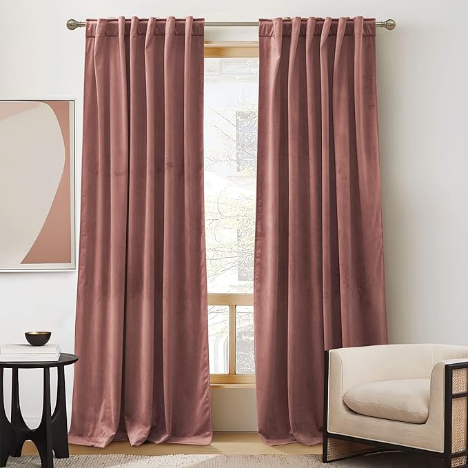 RYB HOME Mauve Velvet Curtains for Living Room, Privacy Small Window Treatment Back Tab Room Darkening Noise Dampening Curtains & Drapes for Kitchen Home Theater, W52 x L108, 2 Pieces
