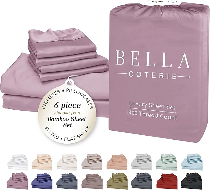 Bella Coterie 6 Piece Luxury Bamboo Viscose Queen Size Sheet Set | 100% Organically Grown | Cooling for Hot Sleepers | 18" Deep Pocket | Soft & Hypoallergenic | 4 Pillowcases [Lilac]