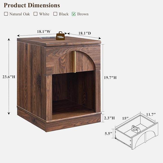 ACCOHOHO Modern Night Stand with Arched Panel,18" Wooden nightstand with Charging Station,Bedside Table with Drawer Storage,Side End Table with Open Shelf for Bedroom,Living Room,Brown