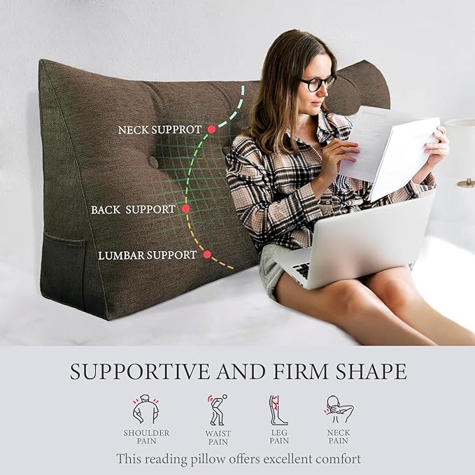 homecozy Wedge Headboard Pillow Dorm Room Reading Pillow Back Support for Sitting Up in Bed Bolster Lumbar Cushion Body Positioning Bedrest Cotton Linen 54in Coffee Full