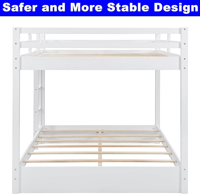 Upgraded Version Thicken Solid Wood Queen Over Queen Bunk Bed, Best Wooden Bunk Bed for Adults, Easy to Assemble (White)