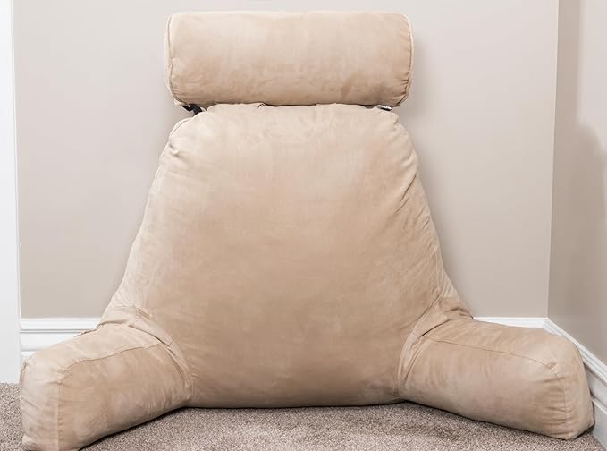 Husband Pillow XXL Aspen Edition, Adult Reading Sit Up Bed Rest Pillow for Bed with Arms & Neck Roll on Bungee Cord - Premium Memory Foam - Reversible 2 Sided Cover Micro Suede or Plush, Cowboy Taupe
