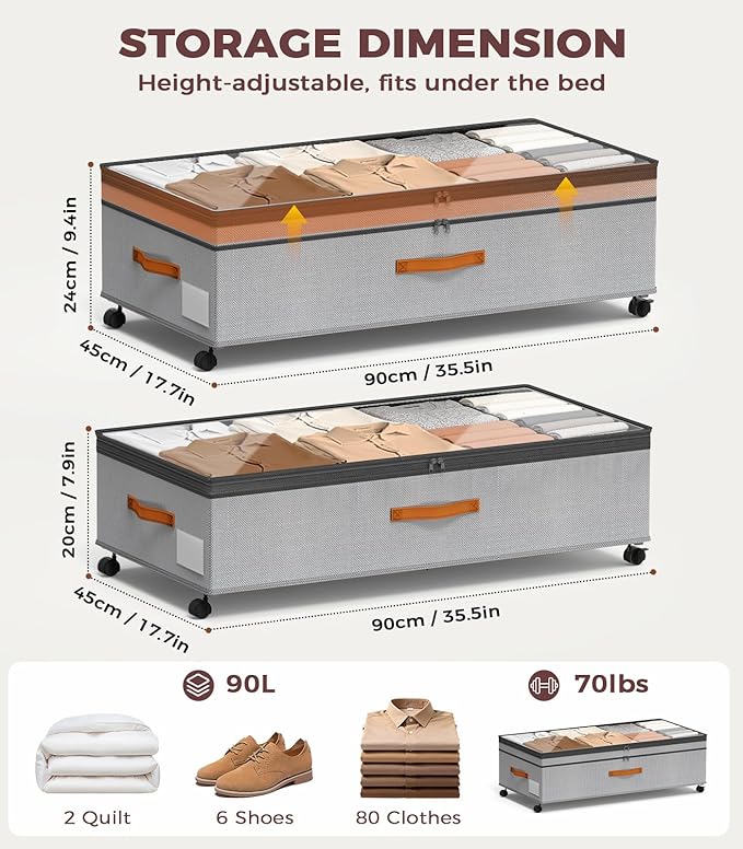 Under Bed Storage, 35.5 inches Under Bed Storage with Wheels, Large Capacity UnderBed Containers with Clear Lids, 2Pcs Rolling Under the Bed Storage for Clothes, Shoes, Blankets Black (Deep Gray)