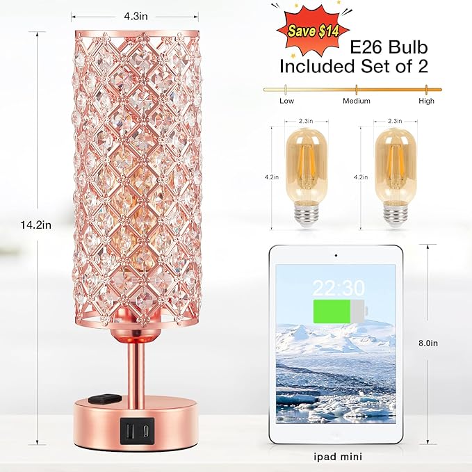 Hong-in Rose Gold Lamp Set of 2, 3-Way Crystal Table Lamp Touch Control with USB-C+A & AC Ports, Dimmable Nightstand Desk Light, Pink Bedside Table Lamp for Bedroom(Bulb Included & Set of 2)