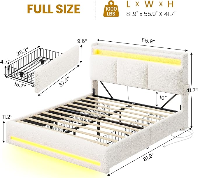 VIAGDO Full Size Bed Frame with Storage Headboard and Charging Station, Boucle Upholstered Bed Frame Full Size with 4 Drawers and LED Lights, Type C and USB, No Box Spring Needed, Cream White