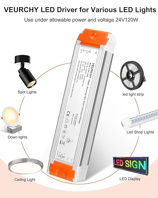 24V Dimmable LED Driver 120W AC 120V to DC 24 Volt Dimmable Lighting Low Voltage Transformers Compatible with Lutron & Leviton Dimmer Switches, 24V Power Supply for LED Strip Lights 2 Pack