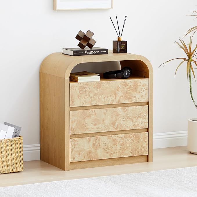 3 Drawer Dresser for Bedroom, Modern Chest of Drawers with Open Shelf, Burl Wood Tall Nightstand End Table for Living Room, Hallway (Natural)