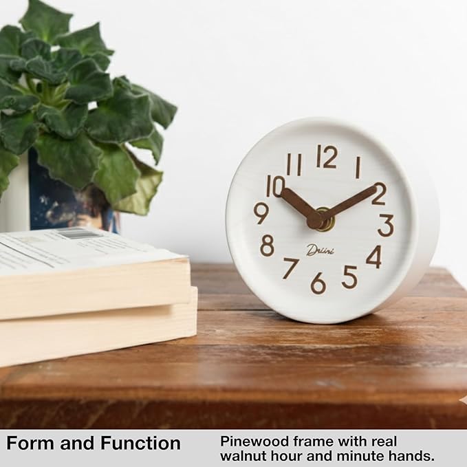 Driini Wooden Analog Desktop Clock – 4.3 in. Decorative Pinewood, No-Tick Design – Easy to Read Silent Sweep Mantle Clock – Quiet Tabletop Clocks with Wood Body, Hands, & Battery Cover; White