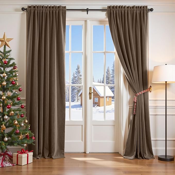 Lazzzy Velvet Blackout Curtains Thermal Insulated Room Window Drapes Super Soft Luxury Curtains for Living Room Bedroom Rod Pocket 2 Panels, Truffle, 52" W x 108" L