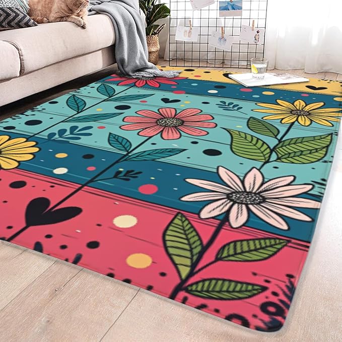 Machine Washable 5' x 8' Folk Art Print Style Area Rug, Flowers Floor mat, Suitable for bedrooms, Girls' Room Bedside, Living Room, Dining Room, Office, Non-Slip Low-Pile Retro, Fashionable Carpet