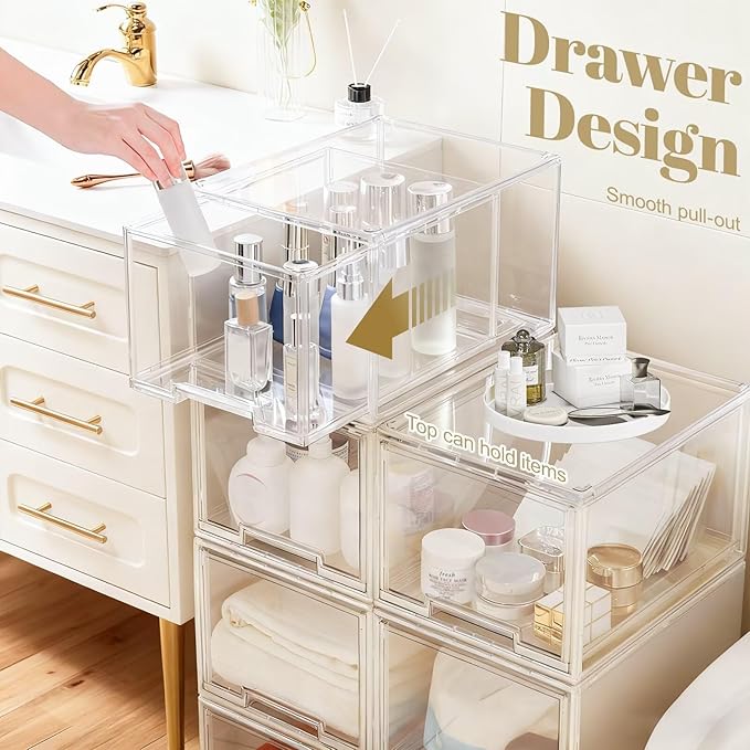 AZ.MIFENO Large Stackable Storage Drawers,Clear Thickened Drawer Organizers with Pull-Out Drawer for Skincare,Cosmetics, Ideal for Closet,Bathroom,Kitchen Undersink,Cabinet,Toy Organization (2 Packs)