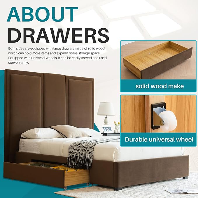 YUHUASHI Queen Size Bed Frame with 64-inch High Headboard, Simple and Airy Linen Upholstered Platform Bed with Storage Drawers, Wood Slat, No Noise (Brown, Queen)