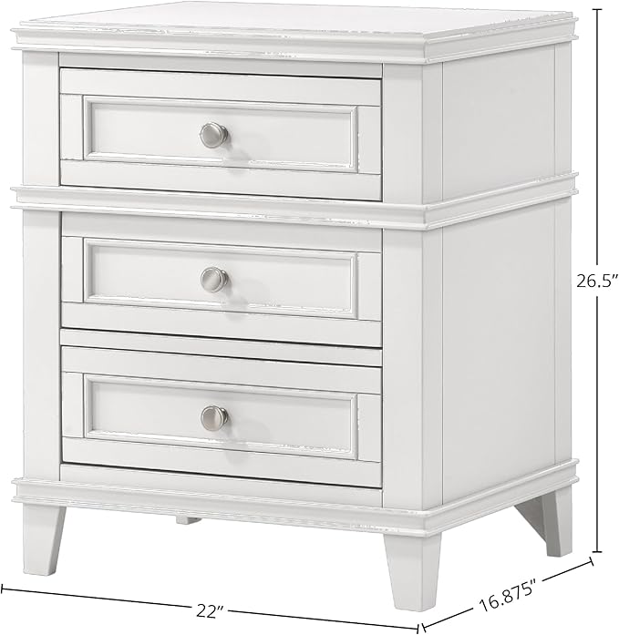 HKHUASEN White Bedside Table with 3 Drawers and USB Ports, Nightstand for Bedroom Organization and Easy Charging