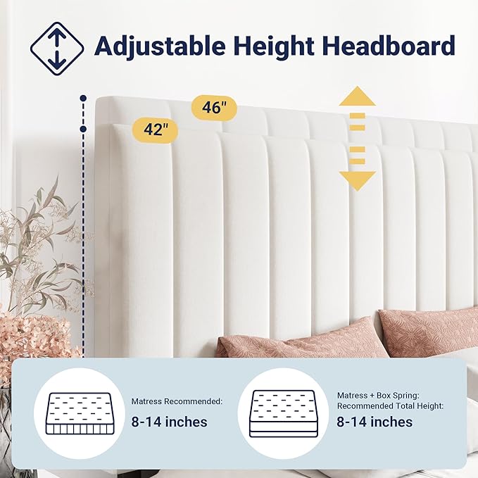 Allewie Queen Size Storage Bed Frame, Vertical Channel Tufted Adjustable Headboard, Velvet Upholstered Platform Bed with 4 Oversized Underbed Drawers, Wooden Slats Support, No Box Spring Needed, White