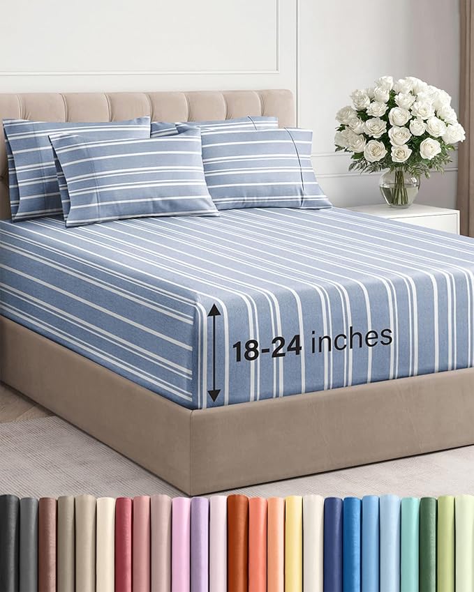Extra Deep King Sheet Set - 6 Piece Breathable and Cooling Sheets - Hotel Luxury Bed Sheets Set - Easy Fit - Soft, Wrinkle Free and Comfy Sheets Set - Blue Striped Sheet Set with Extra Deep Pockets