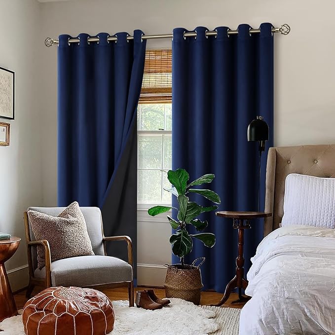 BGment Thermal Insulated 100% Blackout Curtains for Bedroom with Black Liner, Double Layer Full Room Darkening Noise Reducing Grommet Curtain (60 x 84 Inch, Navy Blue, 2 Panels)