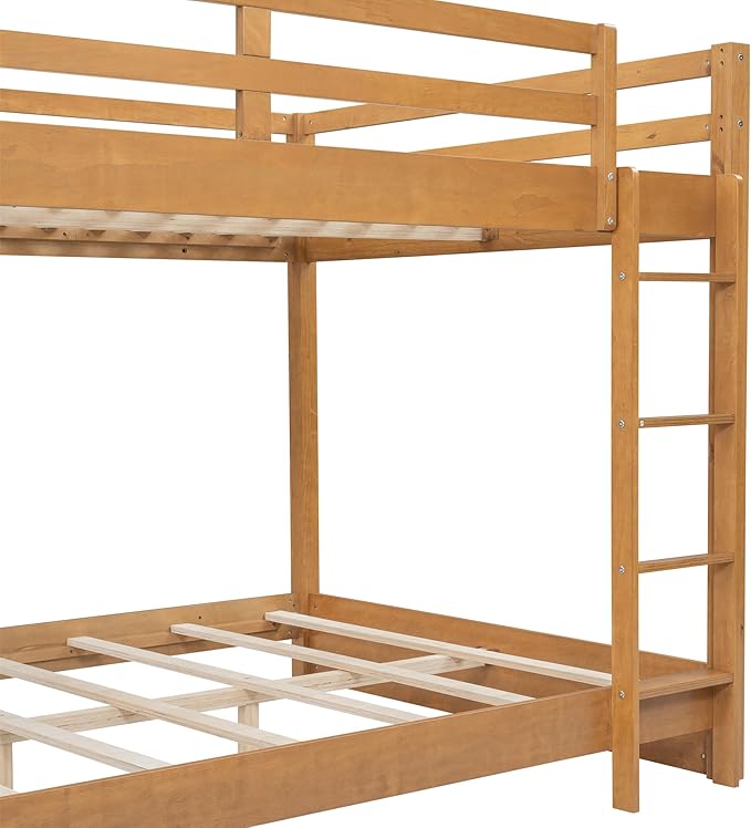 Bellemave Queen Over Queen Size Bunk Bed for Kids/Adults,Solid Wood Bunk Bed Frame Queen Size with Ladder & Safety Guardrails,Wood Color