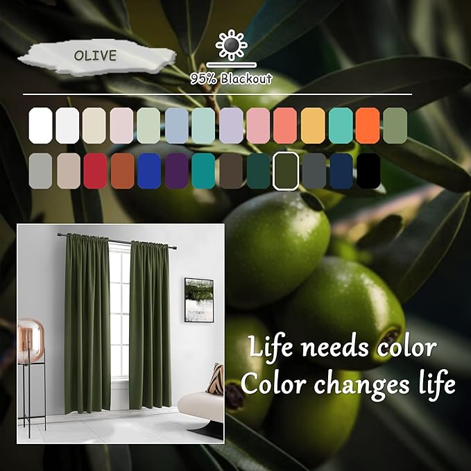 DONREN Dark Olive Green Blackout Window Curtain Panels 80 inche Long,Doorway Christmas Home Decoration Thermal Insulated Room Darkening Draperies/Drapes,2 Panels 52 by 80-inch,Loden