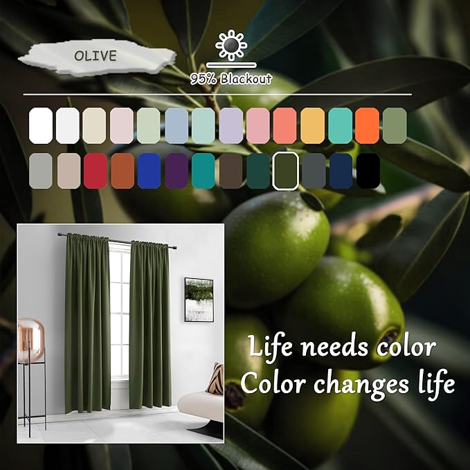 DONREN Loden/Dark Olive Green Blackout Curtains 52 Inch with by90 Inch Length for Bedroom - 2 Panels Patio Glass Door Curtain Panels,Livingroom Room Darkening Thermal Insulated Drapes