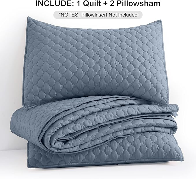 HORIMOTE HOME Quilt Queen Size Dusty Blue, Lightweight Quilts for Summer Ultra-Soft Microfiber Modern Style Quilted Clouds Pattern Bedspread Quit Set 3 Pieces(1 Quilt and 2 Pillow Shams)