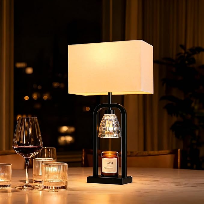 PoKat Table Lamps with Candle Warmer & Timer for Bedroom, Modern Bedside Lamps Set of 2 for Night Stands, 21.5'' Bedroom Lamps Decor for Living Room, Side Table, Hallway, Bulbs Included, Matte Black