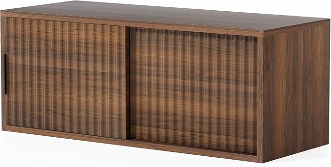 Floating Nightstand with Sliding Doors, Modern Fluted Large Night Stand Storage Shelf Wall Mounted Bedside Tables for Bedroom, Brown