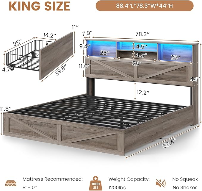 VIAGDO Farmhouse Bed Frame King Size with Bookcase Storage Headboard, Charging Station and LED Lights, Wooden King Bed Frame with 4 Drawers, Barn Door Design, No Box Spring Needed, No Noise, Grey