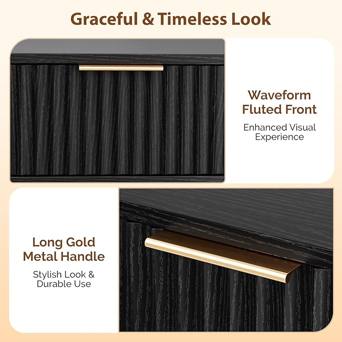 VINGLI Night Stand Set 2, Fluted Nightstands with Drawer, Mid Century Modern Nightstands Set of 2, Bedside Table, End Table, Wood Nightstand for Bedroom, Black, 15.75" W*11.81" D*21.85" H