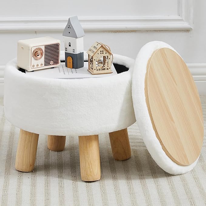 FIMIVIBI Small Foot Stool Ottoman with Storage, Soft Faux Fur Ottoman Foot Rest for Couch, Round Footstool with Storage, Small Ottomans and Footstools for Living Room and Entryway (White)