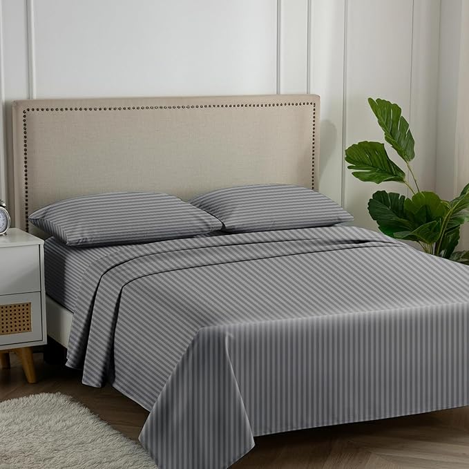 Carressa Linen Luxury Egyptian Cotton Full Stripe Sheet Set, 600 Thread Count Extra Long Staple 4 PC Set, Full Damask Sheets, Soft, Cooling Sateen Weave Striped Sheets Upto 18" Deep Pocket - Dark Grey