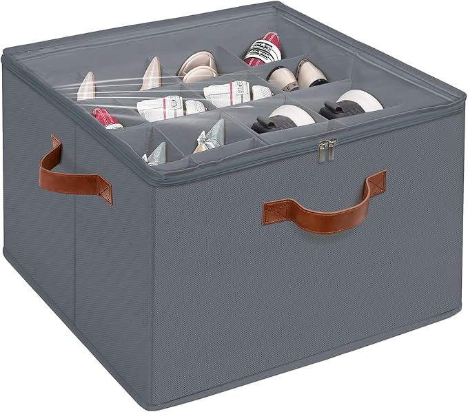Shoe Organizer for Closet, Foldable Shoe Storage Box with Clear Top Lid, 3 Leather Handles, Adjustable Dividers, Fits 8-16 Pairs, Stackable Shoe Bin for Bedroom (Gray, 1 PCS/16.9*11.8*1.57 inch)