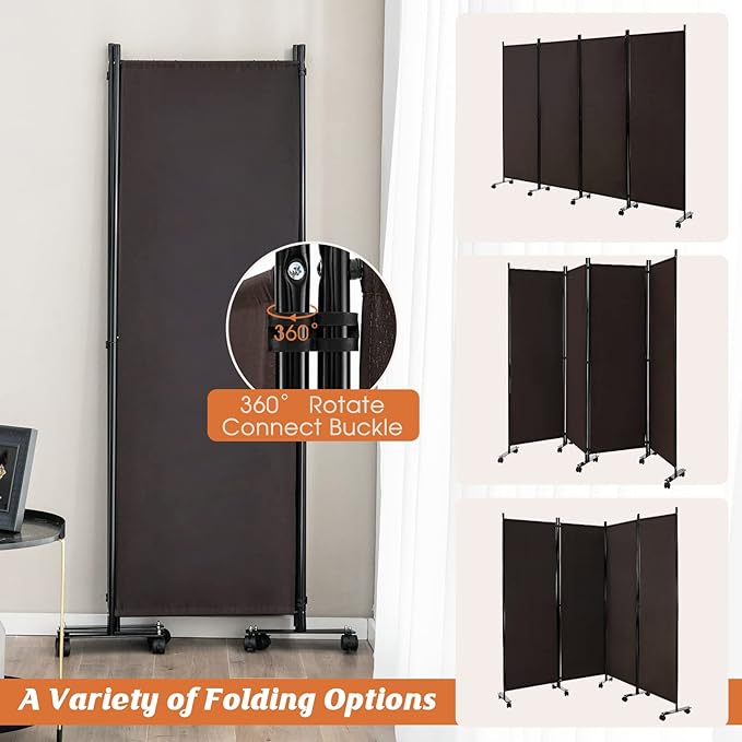 GOFLAME 4 Panel Folding Room Divider, 6FT Rolling Privacy Screen with Lockable Wheels, Portable Room Partition Screen, Freestanding Wall Divider and Separator for Home Office, Brown