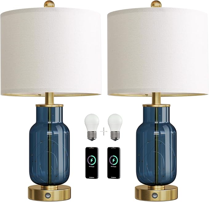 Oneach 22" Glass Table Lamps Set of 2, Blue Modern Bedside Lamp with LED Night Light for Living Room, Nightstand Lamp with USB Ports for Bedrooms, Study Room, End Table(2 Bulbs Included)