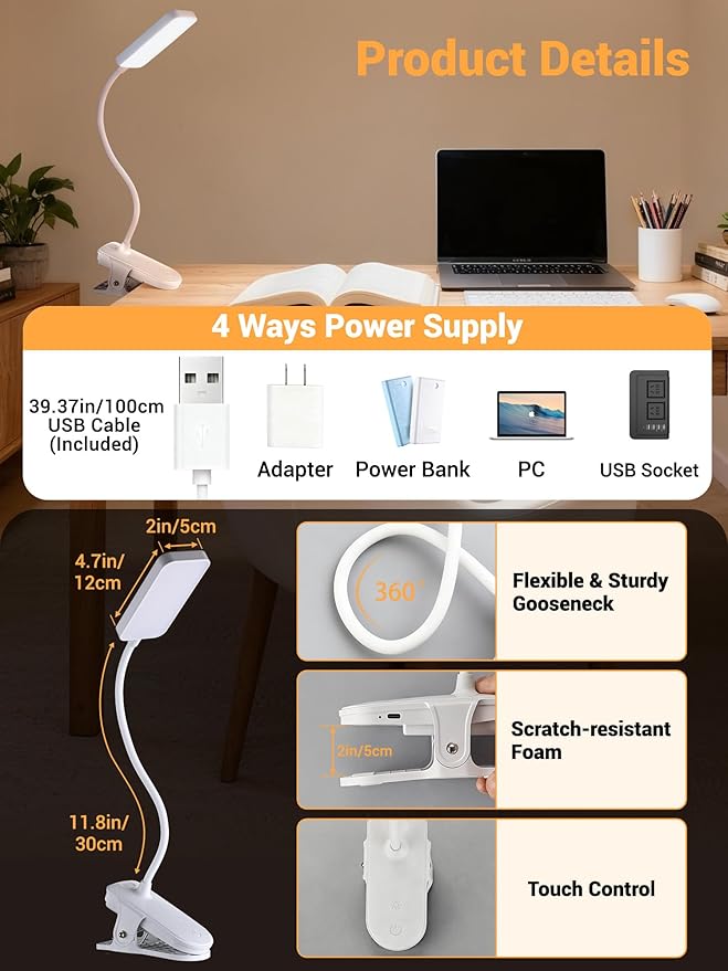 Clip on Lamp,9 Brightness+5 Color Clamp Light,4000mAh Battery Rechargeable Desk Lamp with Clamp,450 Lumen 48 LED Desk Light,Cordless Clip on Reading Lights for Bed/Headboard/Bedside Table