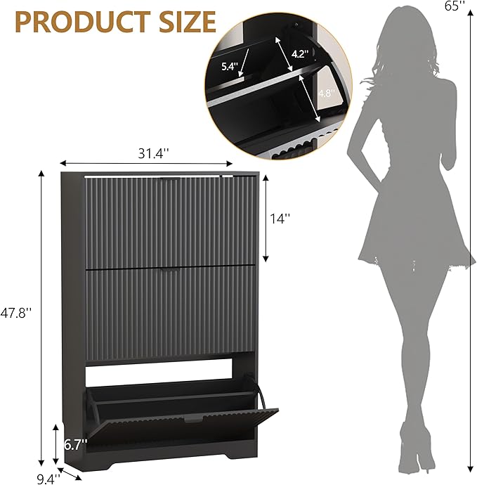 Shoe Cabinet Storage for Entryway with 3 Flip Drawers, Black Fluted Shoe Cabinet with Adjustable Shelves, Wooden Hidden Shoe Rack Freestanding Narrow Slim Shoes Storage for Hallway, Entrance