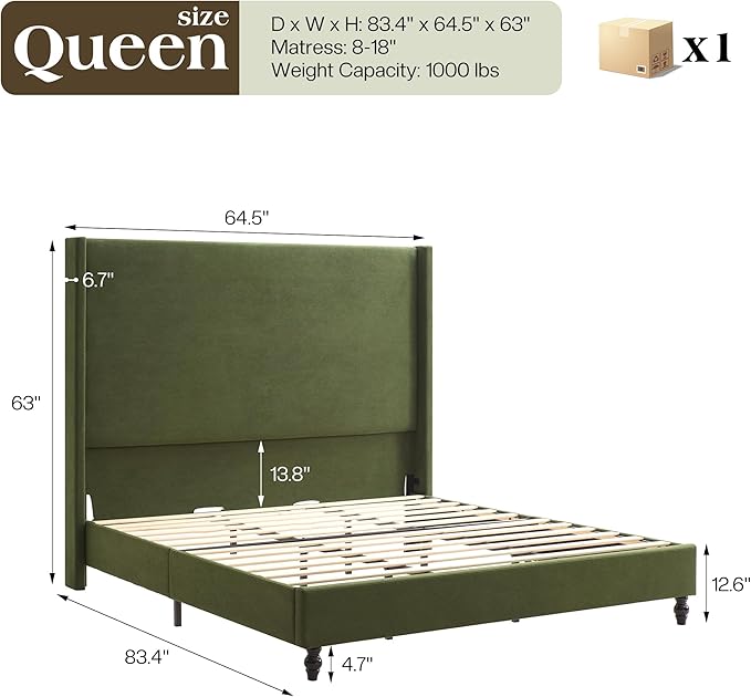 Queen Bed Frame with 63" Tall Headboard, Horizontal Fine Corduroy Bed Frame with Wingback, Upholstered Platform Bed, Vintage Solid Wood Gourd Legs, No Box Spring Needed, Green