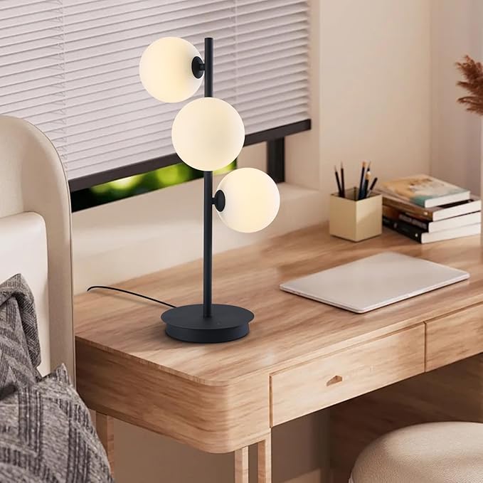 Mid Century Modern Table Lamp, Black Nightstand Lamp, White Glass Globe Desk Lamp, 3 Lights Contemporary Bedside Lamp for Bedroom Living Room Study Room