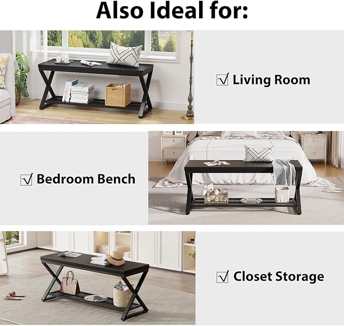 LVB Black Entryway Bench with Storage, Indoor Shoe Bench with Seating for Hallway, Accent Storage Bench for Living Room Bedroom, Simple Small Shoe Rack Benchs for Foyer Entrance, Black Oak, 39 inch