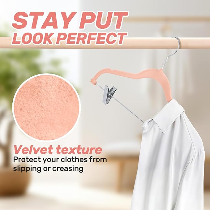 Velvet Pants Hangers 20 Pack with Adjustable Clips, Space-Saving Slim Felt Clothes Hangers, Heavy Duty & Non-Slip Flocked Hangers for Pants, Skirts, Dresses, and Jeans(Pink)