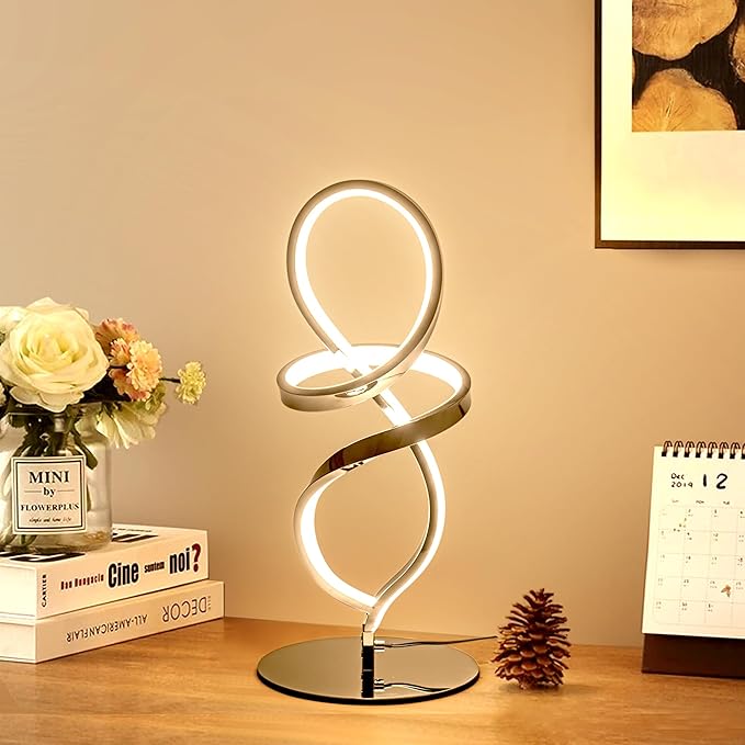 Mayful Modern Lamp with LED Spiral Design, Bedside Lamp with Stepless Dimming Switch, Contemporary Nightstand & Chrome Table Lamp for Bedroom, Living Room, Home Office, 12W 3200K Warm White,2 Pack