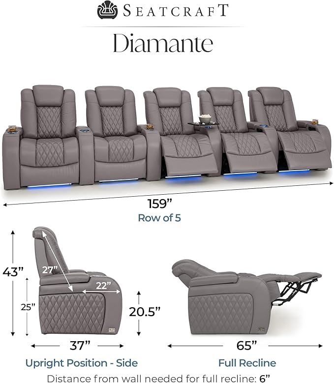 Seatcraft Diamante Zero-Gravity CoolZero Italian Leather Home Theater Seating, Power Headrest, Power Recline, Row of 5, Gray