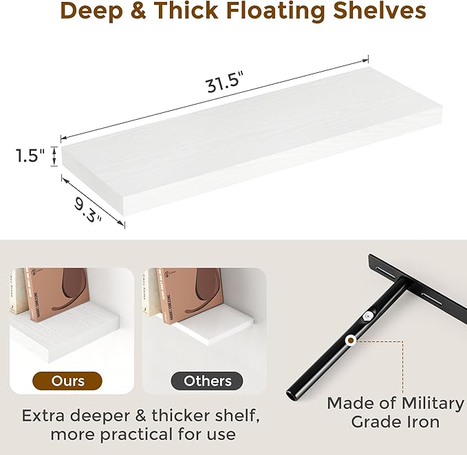 Fun Memories 32 Inch Floating Shelves, Wall-Mounted Bathroom Shelves Set of 2, 9.3 Inch Deep Floating Shelf Bookshelf for Living Room, Bedroom, Heavy-Duty Deep Storage Shelf for Wall, White Color